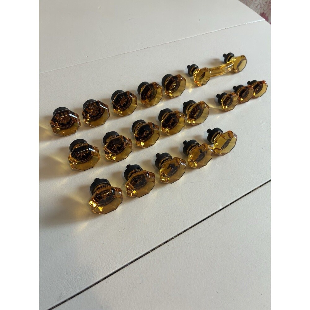 Lot VTG Amber Honey Glass Octagon Cabinet Knobs Large Small + Matching Bar Pull